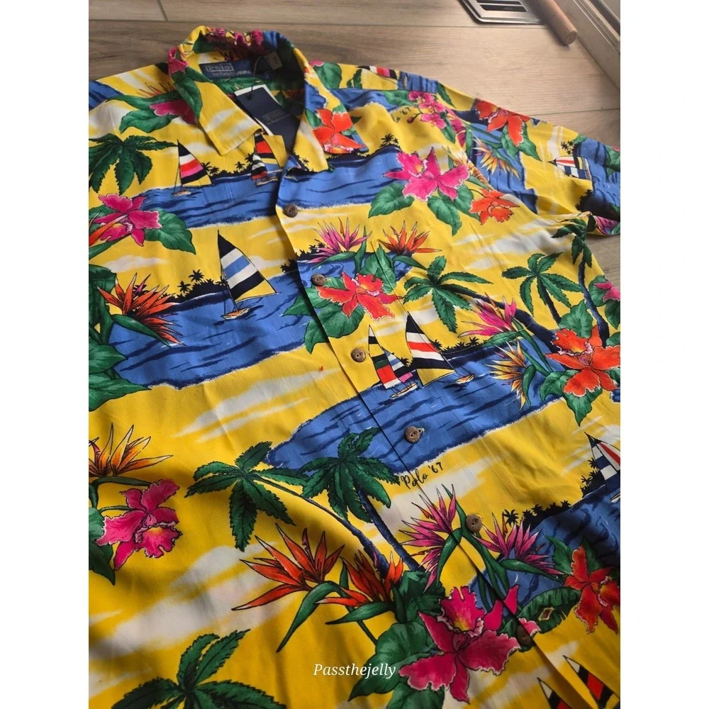 Polo Ralph Lauren Hawaiian Shirt Mens LT Tropical Floral Aloha Beach 67 Camp